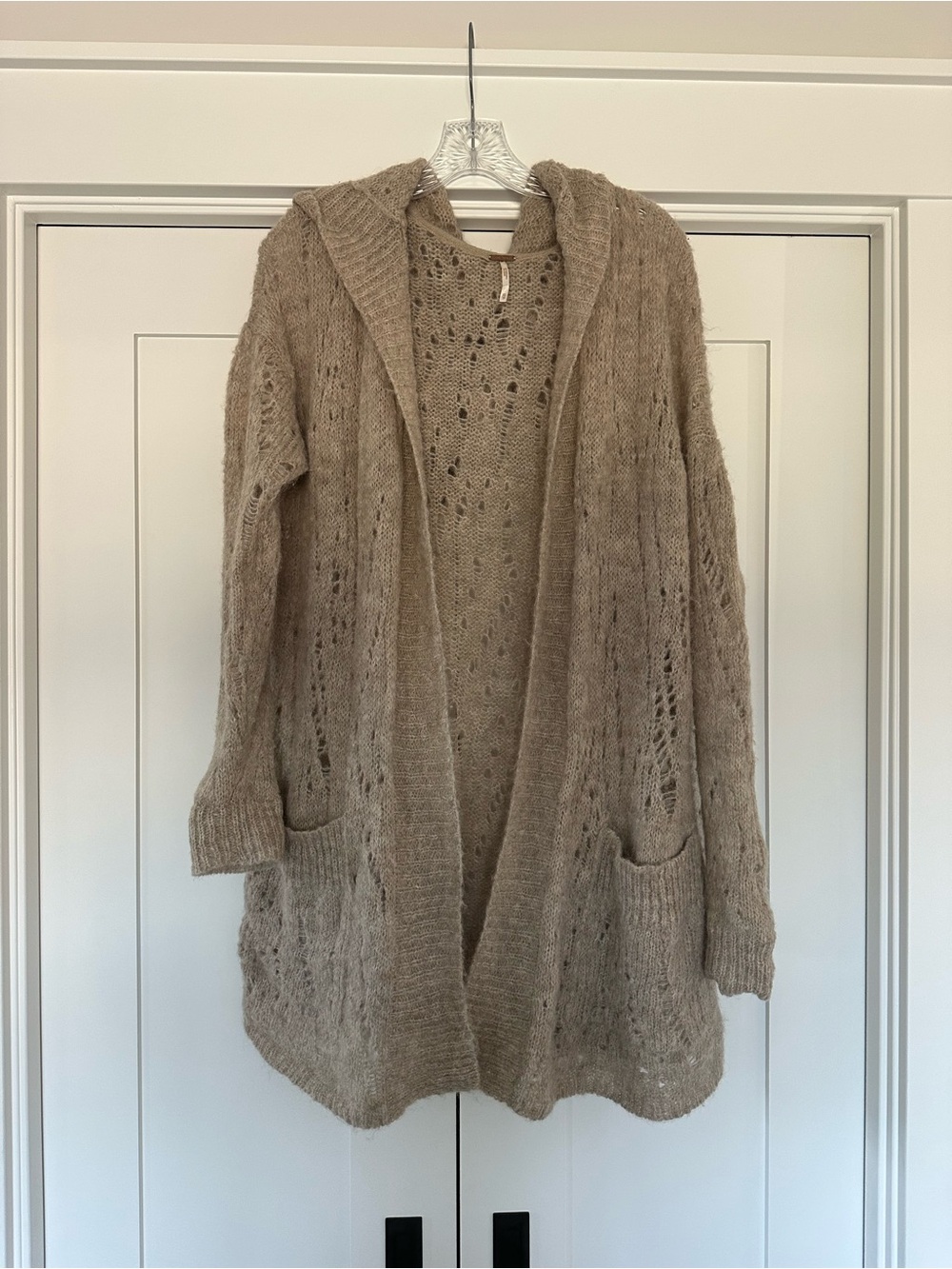 Free People Taupe Open-Front Hooded Knit Cardigan